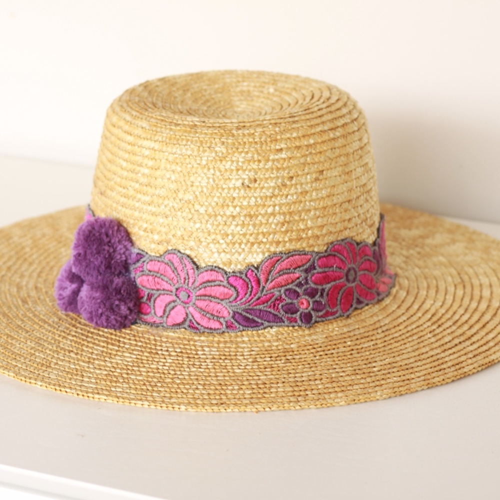 Bohemian Pompom straw beach hat NEW